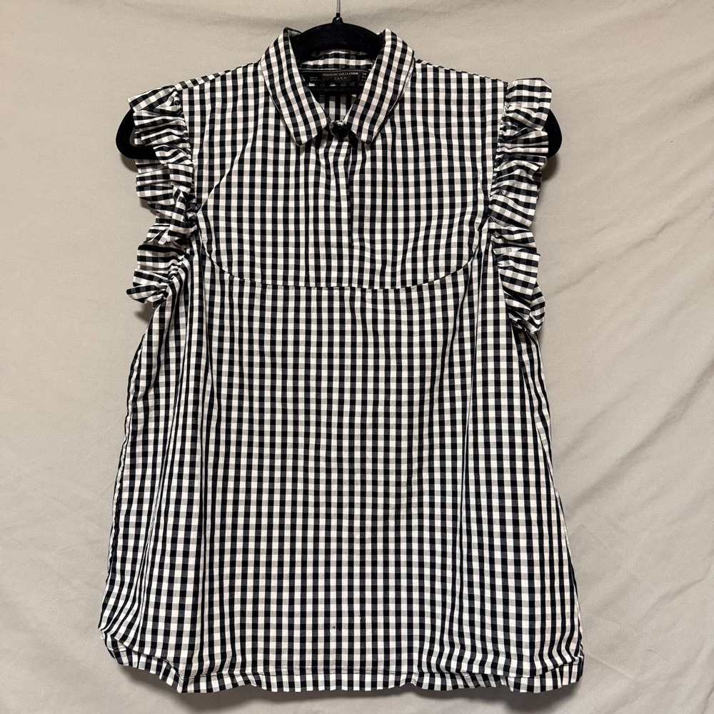Zara Trafaluc‎ Collection Top Womens Small B/W Gingham Pattern Ruffle Sleeve